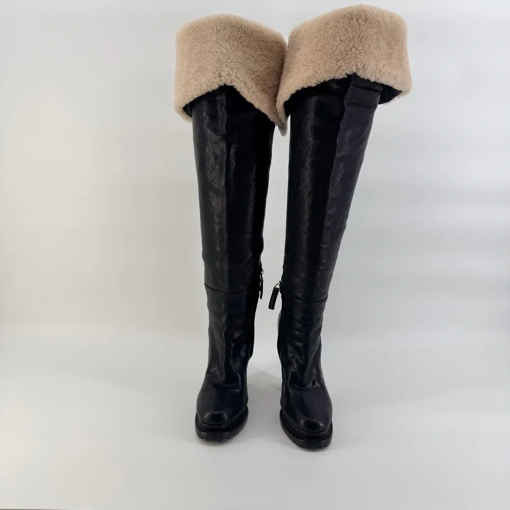 Alice + Olivia Leather Black and Cream Over the Knee Boots with shearling lining